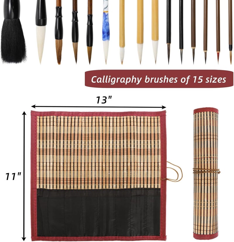 Eorbow 16 Pieces Chinese Calligraphy Brush Set, Sumi Brushes with Roll-up Bamboo Holder, Sturdy Japanese Watercolor Painting Writing Brushes, Kanji Art Drawing Brushes for Beginners - Image 2